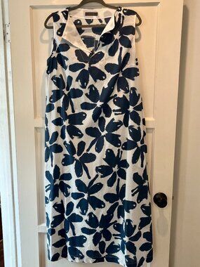 Italian Designer NEIRAMI Size L Blue-and-White Floral Midi Dress Sleeveless
